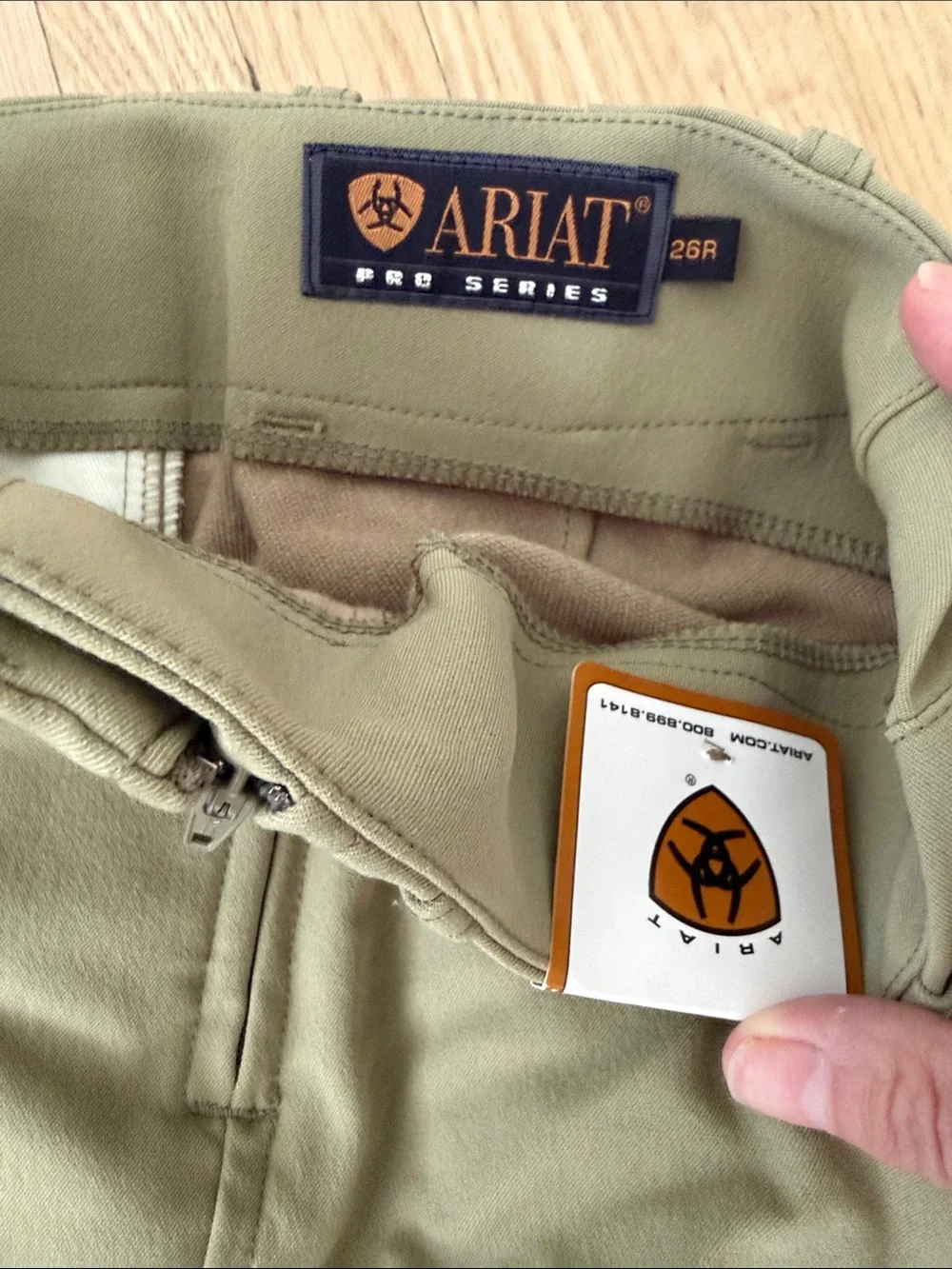 Ariat Olive Green Riding Breeches with Brown Knee Patches - Picture 2 of 4